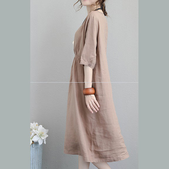 Khaki Linen Maxi Dress Loose Fitting Tunic Traveling Clothing Bracelet Sleeved Kaftans