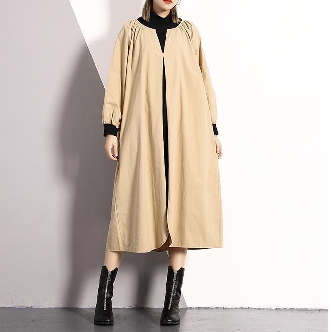 Khaki Long Cotton Blended Dress Turtleneck Caftans Front Side Open False Two Pieces Kaftans