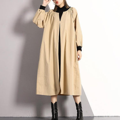Khaki Long Cotton Blended Dress Turtleneck Caftans Front Side Open False Two Pieces Kaftans