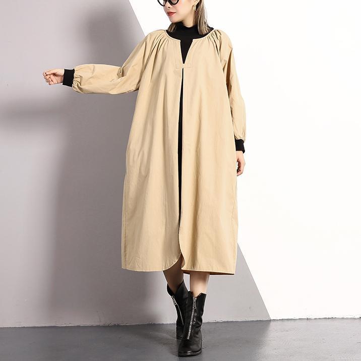 Khaki Long Cotton Blended Dress Turtleneck Caftans Front Side Open False Two Pieces Kaftans