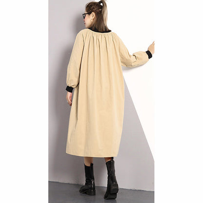 Khaki Long Cotton Blended Dress Turtleneck Caftans Front Side Open False Two Pieces Kaftans
