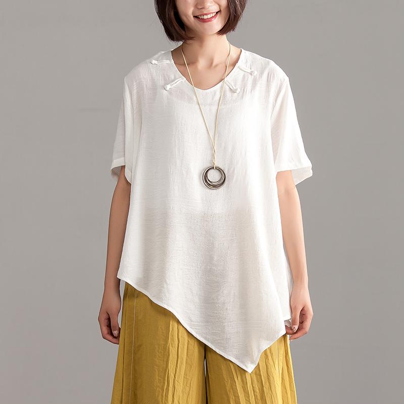 Linen Blended Summer Top Loose Fitting Irregular Hem Summer Short Sleeve Loose Blouse