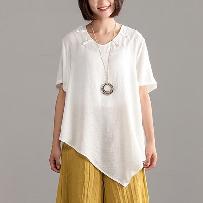 Linen Blended Summer Top Loose Fitting Irregular Hem Summer Short Sleeve Loose Blouse