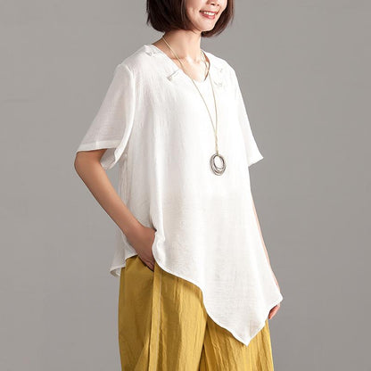 Linen Blended Summer Top Loose Fitting Irregular Hem Summer Short Sleeve Loose Blouse