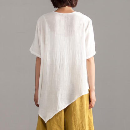 Linen Blended Summer Top Loose Fitting Irregular Hem Summer Short Sleeve Loose Blouse