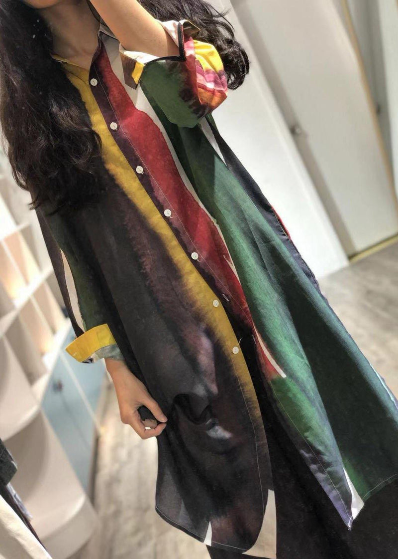 Linen Blended Turn-down Collar Green Print Long Shirt