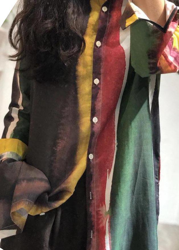 Linen Blended Turn-down Collar Green Print Long Shirt
