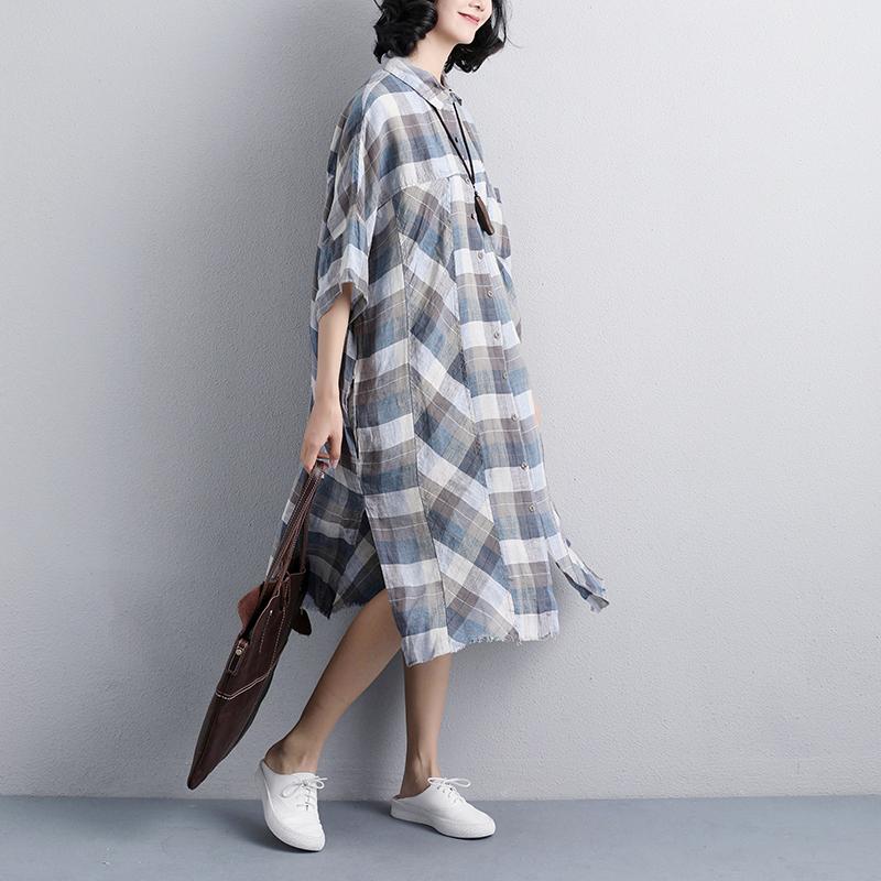 Linen Dresses Loose Fitting Polo Collar Short Sleeve Plaid Linen Shirt Dress