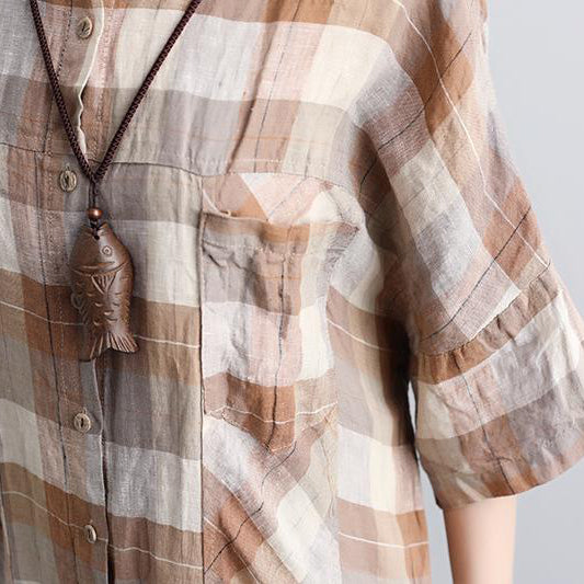 Linen Dresses Loose Fitting Polo Collar Short Sleeve Plaid Linen Shirt Dress