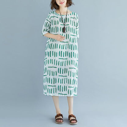 Linen Sundress Loose Fitting Short Sleeve Round Neck Pockets Summer Dress