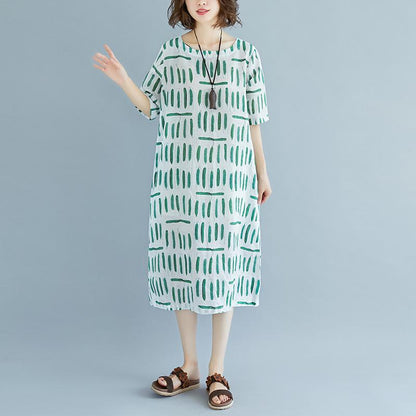 Linen Sundress Loose Fitting Short Sleeve Round Neck Pockets Summer Dress
