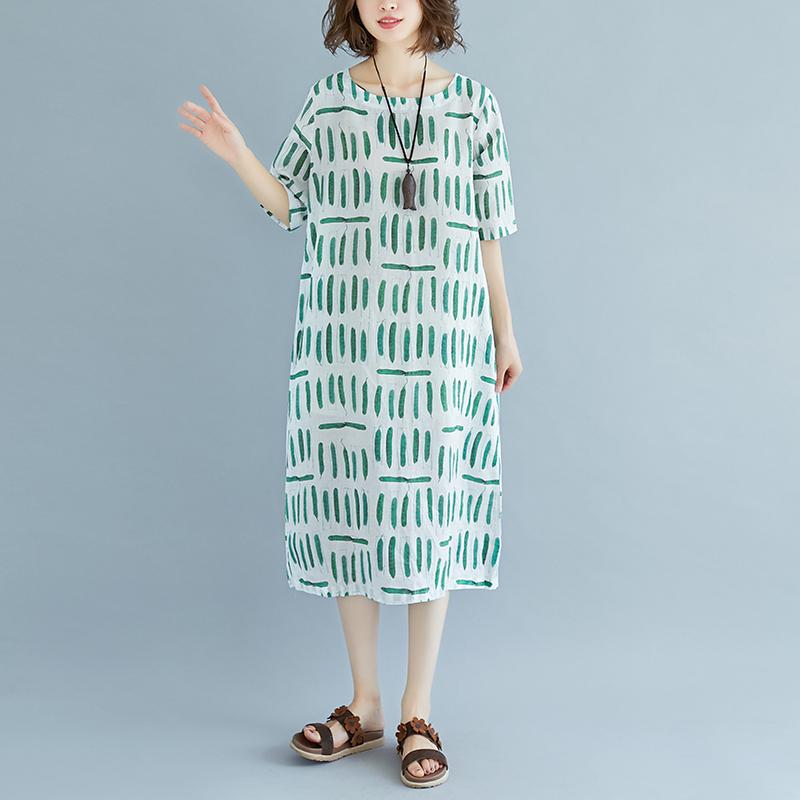 Linen Sundress Loose Fitting Short Sleeve Round Neck Pockets Summer Dress