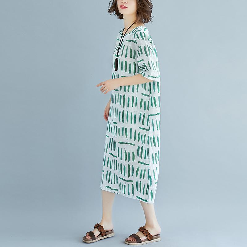 Linen Sundress Loose Fitting Short Sleeve Round Neck Pockets Summer Dress