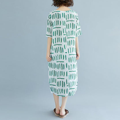Linen Sundress Loose Fitting Short Sleeve Round Neck Pockets Summer Dress