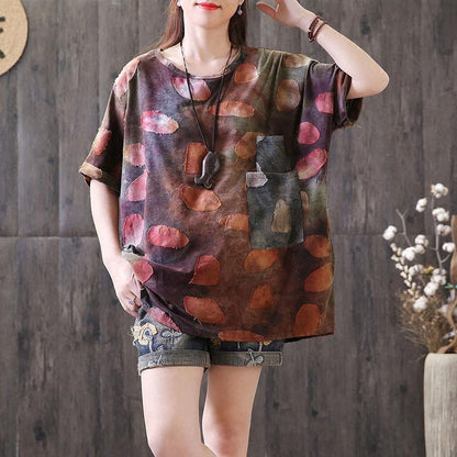 Linen Tops Applique Distressed Summer Round Neck T Shirt