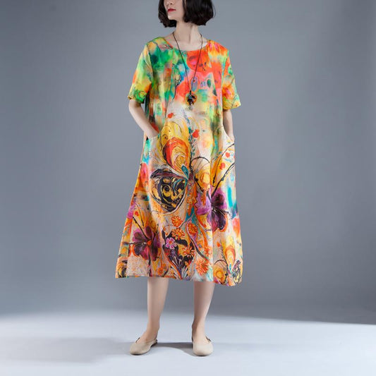 Long Ramie Dresses Oversize Short Sleeve Pockets Summer Printed Long Dress