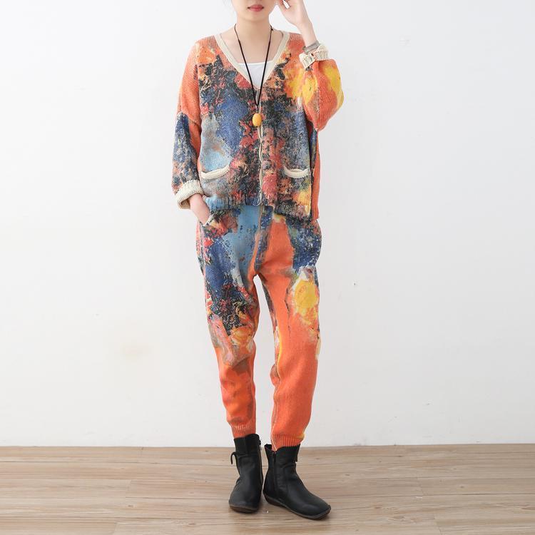 Orange Prints Sweater Cardigans and Elastic Waist Knit Pants Two Pieces
