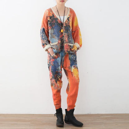 Orange Prints Sweater Cardigans and Elastic Waist Knit Pants Two Pieces