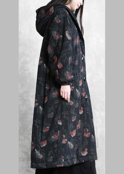 Oversize Trench Coat Dark Gray Print Hooded Button Down Woolen Coats