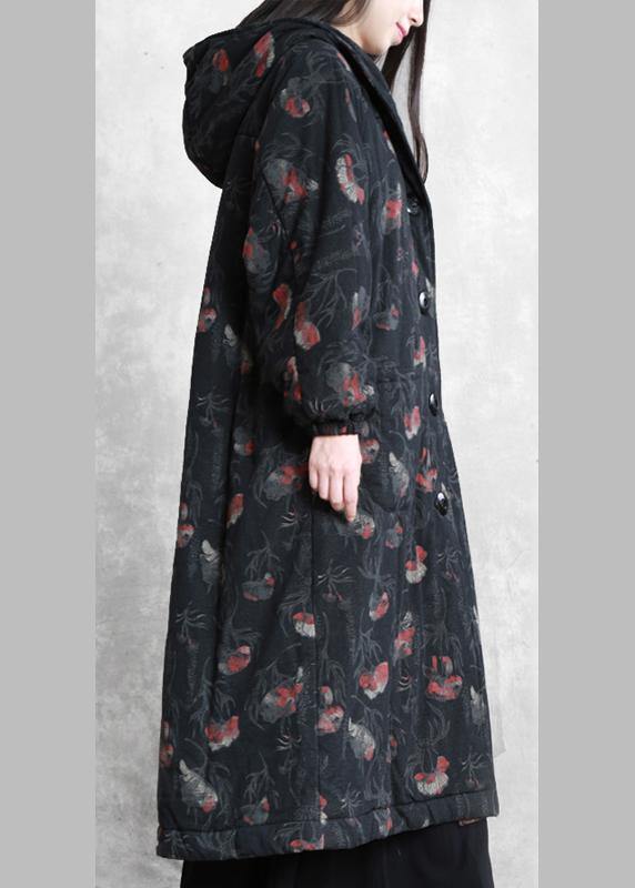 Oversize Trench Coat Dark Gray Print Hooded Button Down Woolen Coats