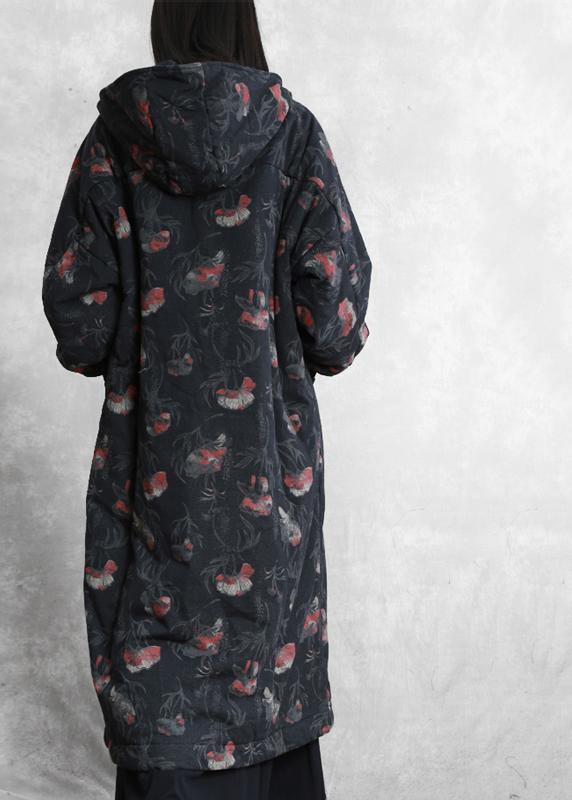Oversize Trench Coat Dark Gray Print Hooded Button Down Woolen Coats