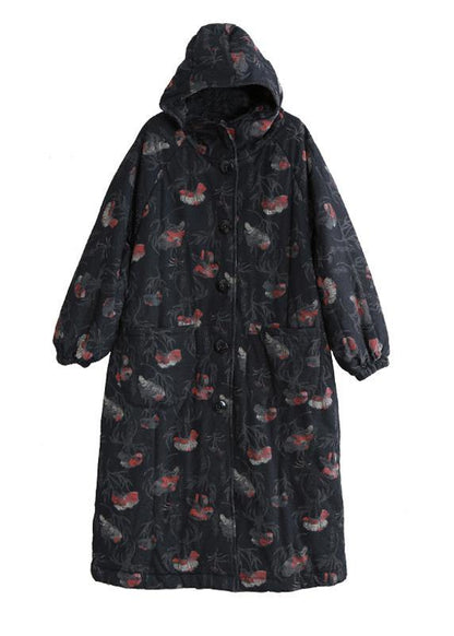Oversize Trench Coat Dark Gray Print Hooded Button Down Woolen Coats