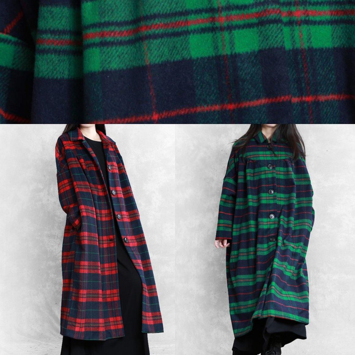 Winter Coat Woolen Outwear Red Plaid Notched Pockets Wool Overcoat