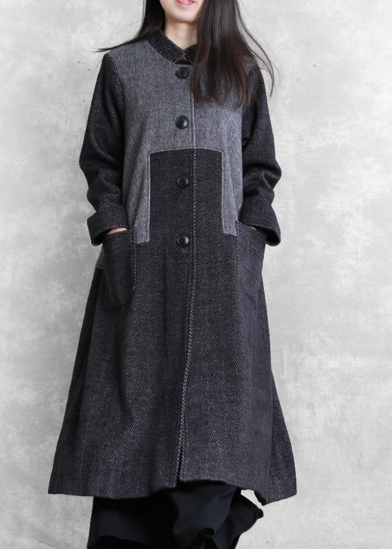 Long Coat Outwear Dark Gray Stand Collar Patchwork Woolen Overcoat