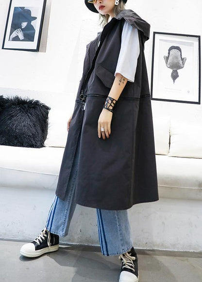 Medium Length Sleeveless Coats Black Hooded Zippered Coat