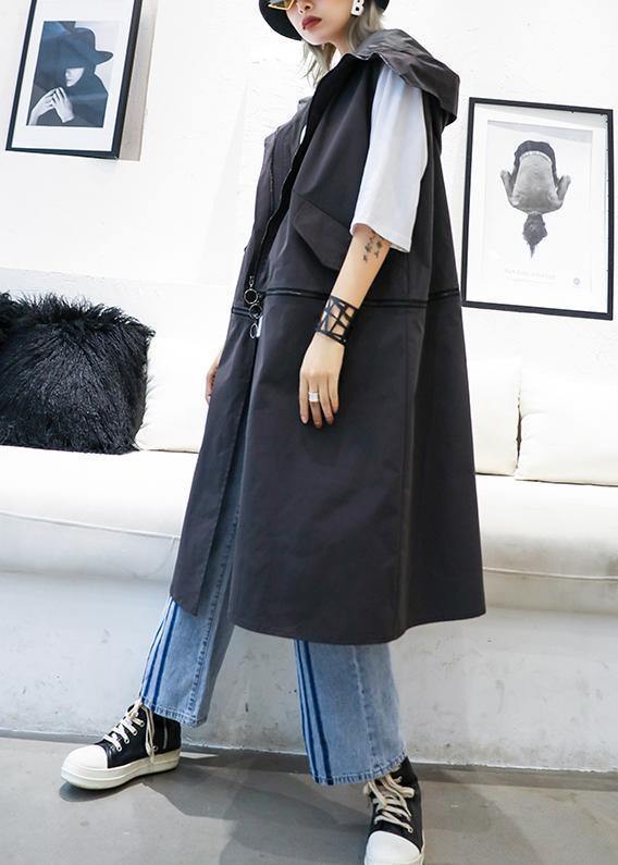 Medium Length Sleeveless Coats Black Hooded Zippered Coat