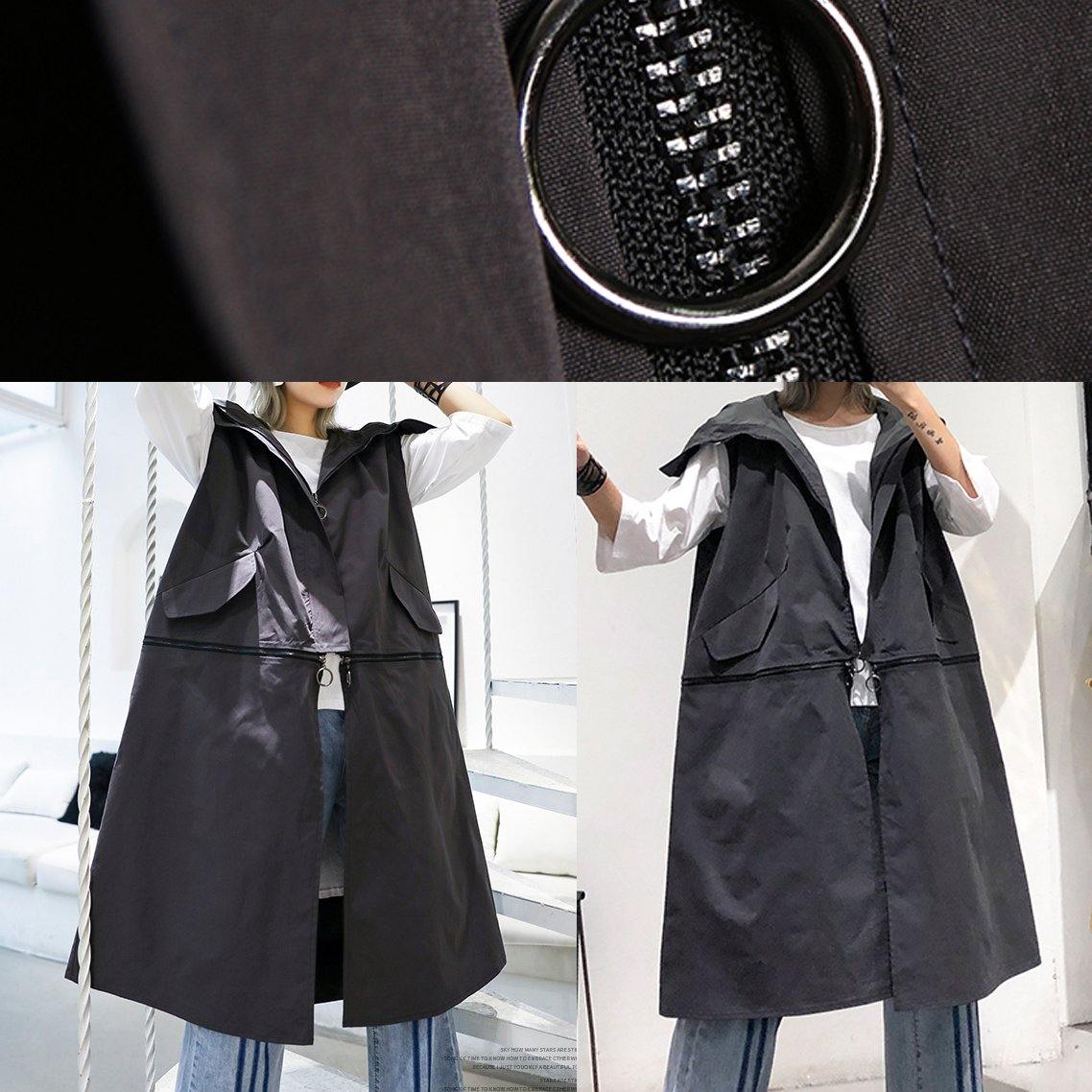 Medium Length Sleeveless Coats Black Hooded Zippered Coat