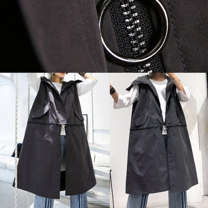 Medium Length Sleeveless Coats Black Hooded Zippered Coat