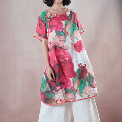 Red Midi-length Linen T Shirt Loose Fitting Shirts Boutique Half Sleeve Print O Neck Chinese Button Linen Blouses