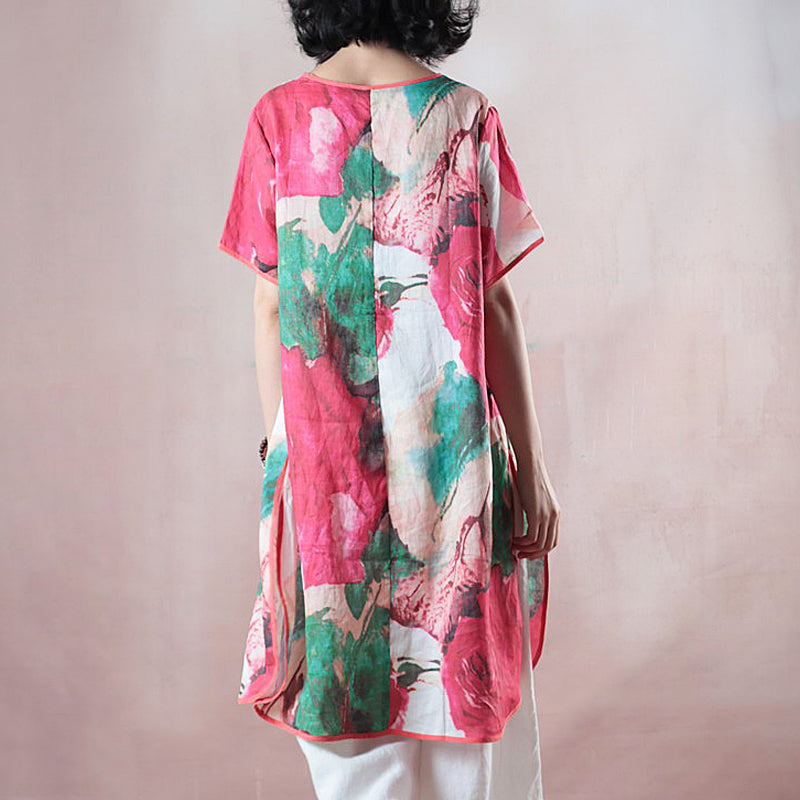 Red Midi-length Linen T Shirt Loose Fitting Shirts Boutique Half Sleeve Print O Neck Chinese Button Linen Blouses