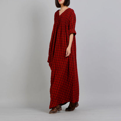 Red Plaid V Neck Dress Asymmetrical Design Maxi Dresses