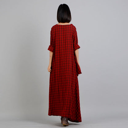 Red Plaid V Neck Dress Asymmetrical Design Maxi Dresses