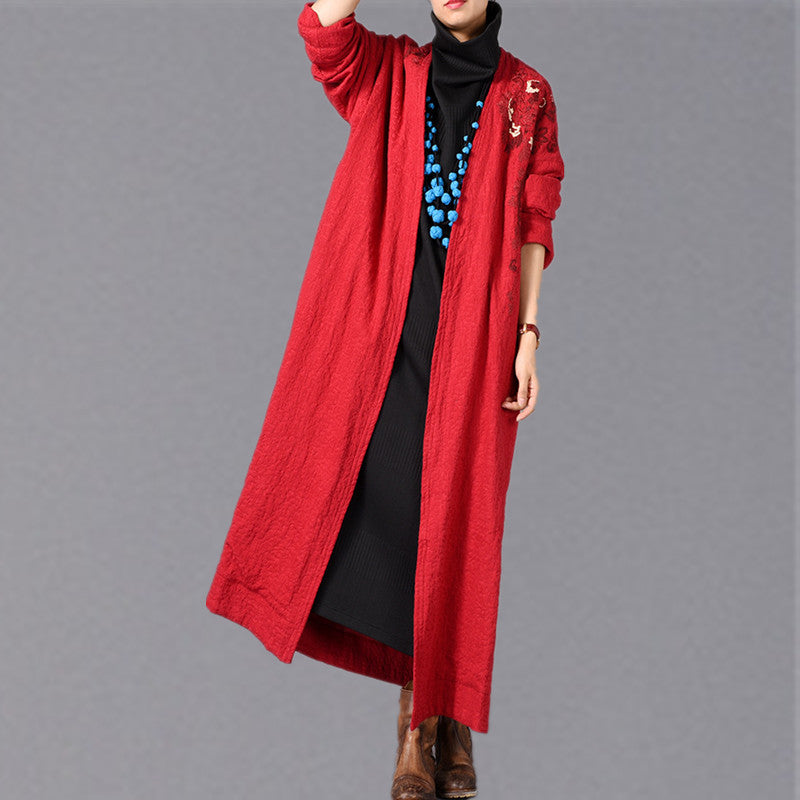 Red Coats Embroidery Baggy Trench Coat Side Open Coats