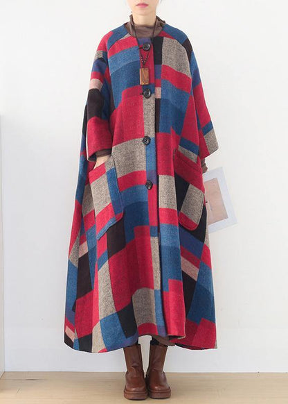Red Plaid Woolen Coats Oversized O Neck Extra Large Hem Long Winter Coat Coats