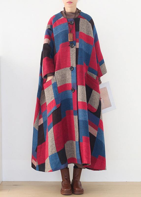 Red Plaid Woolen Coats Oversized O Neck Extra Large Hem Long Winter Coat Coats