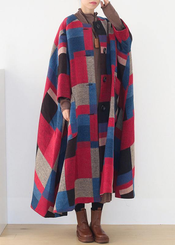 Red Plaid Woolen Coats Oversized O Neck Extra Large Hem Long Winter Coat Coats