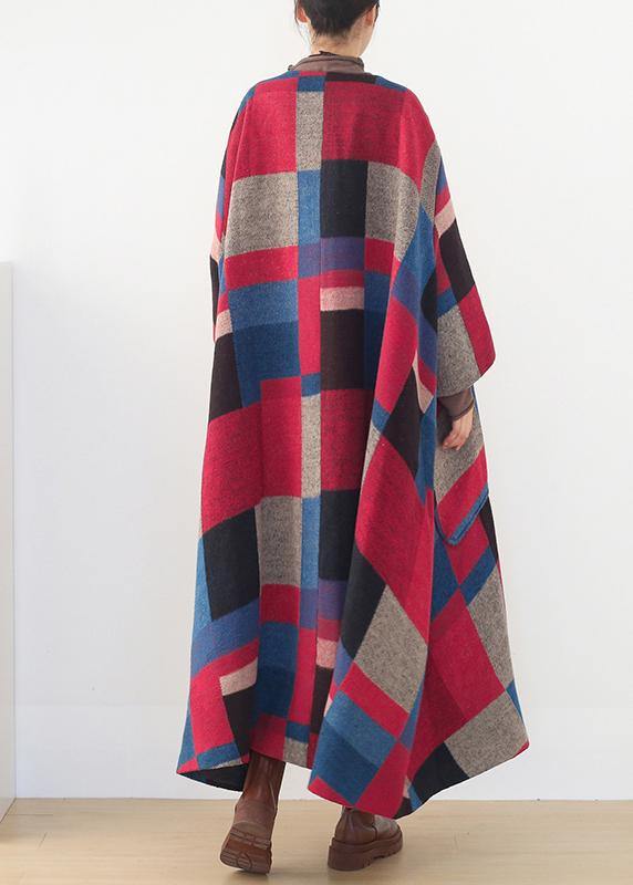 Red Plaid Woolen Coats Oversized O Neck Extra Large Hem Long Winter Coat Coats