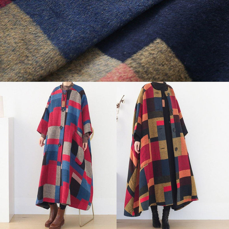 Red Plaid Woolen Coats Oversized O Neck Extra Large Hem Long Winter Coat Coats