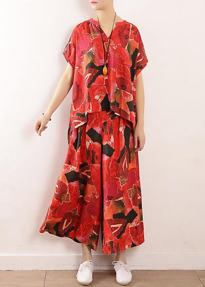 Red Prints Linen Two Pieces Short Sleeve T Shirt and Elastic Waist Crop Pants