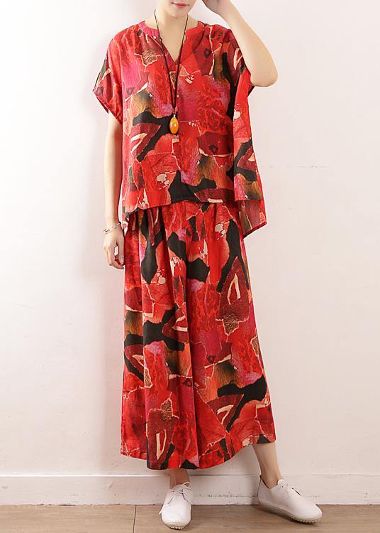 Red Prints Linen Two Pieces Short Sleeve T Shirt and Elastic Waist Crop Pants