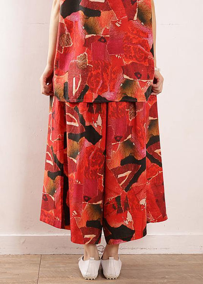 Red Prints Linen Two Pieces Short Sleeve T Shirt and Elastic Waist Crop Pants