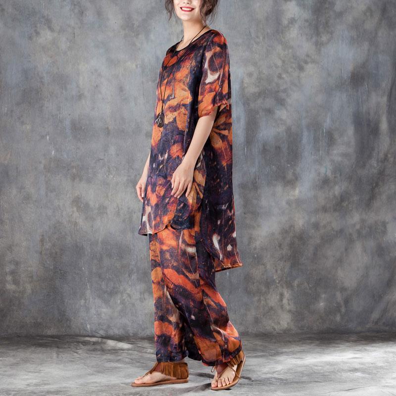 Silk Dresses Clothing Red Two Pieces Set Printed Irregular Top Wide Leg Pants