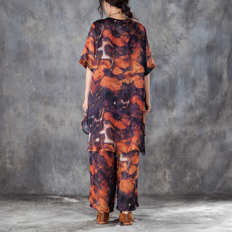 Silk Dresses Clothing Red Two Pieces Set Printed Irregular Top Wide Leg Pants