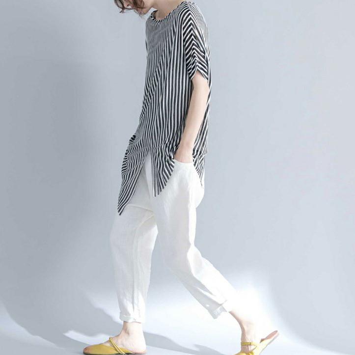 Striped Midi-length Cotton T Shirt Loose Fitting Traveling Blouse Fine Short Sleeve O Neck Asymmetrical Design Cotton Shirts