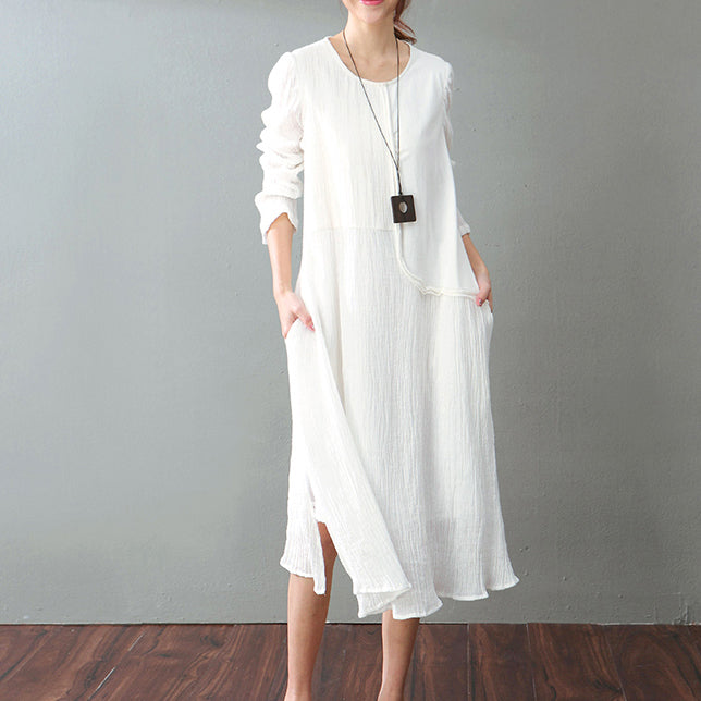 White Cotton Linen Maxi Dress Loose Fitting O Neck Baggy Dresses New Long Sleeve Patchwork Dresses