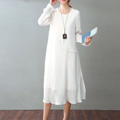 White Cotton Linen Maxi Dress Loose Fitting O Neck Baggy Dresses New Long Sleeve Patchwork Dresses